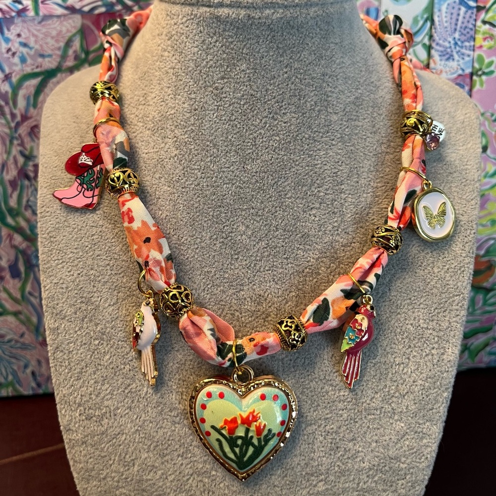 Floral Heart Boho Coral Fabric Charm Necklace